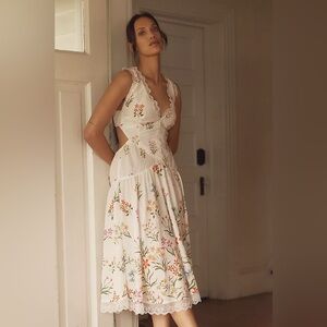 Anthropologie White Floral Lace-Trim Midi Dress with Pastel Blooms